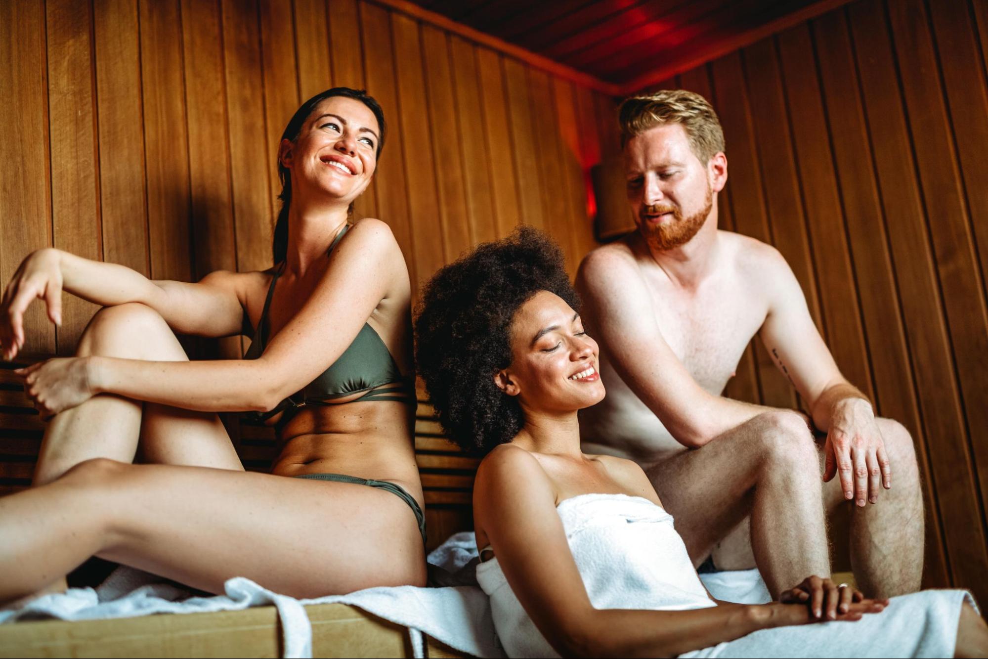 Group of friends relaxing in an infrared sauna