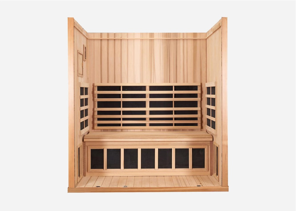 Interior of the Clearlight Sanctuary 3-Person Full Spectrum Infrared Sauna with ergonomic seating and infrared heaters