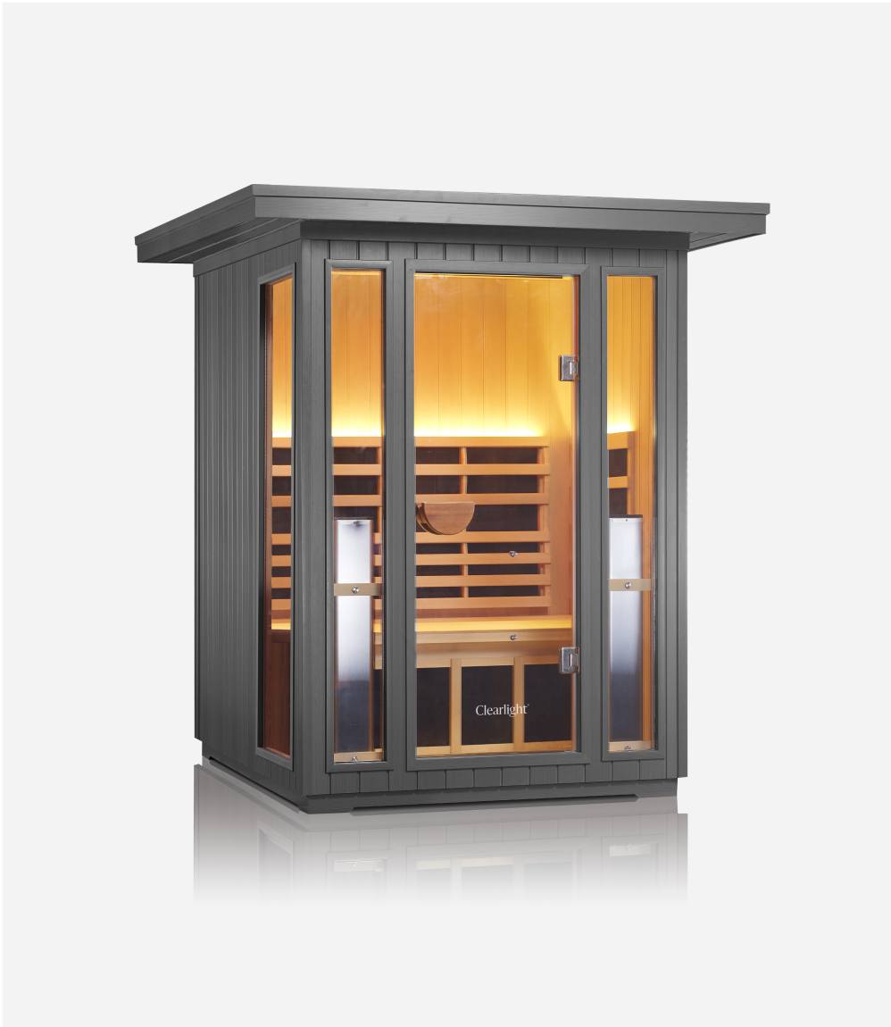 Side-angle front view of the Clearlight Sanctuary Outdoor 2-Person Full Spectrum Infrared Sauna