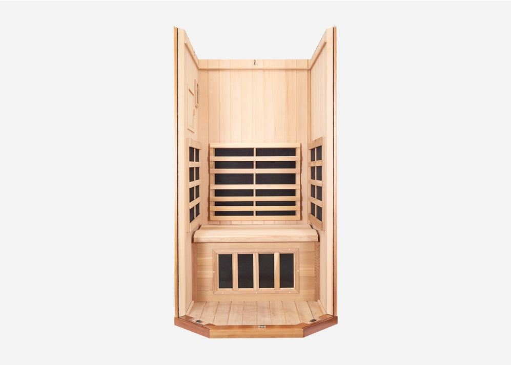 Interior of the Sanctuary 1 Person Full Spectrum Infrared Sauna with ergonomic seating and infrared heaters
