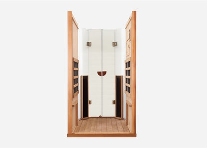 Interior of the Sanctuary 1 Person Full Spectrum Infrared Sauna with a glass door and side panels