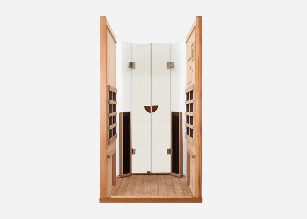 Interior of the Sanctuary 1 Person Full Spectrum Infrared Sauna with a glass door and side panels