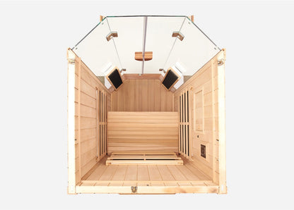Top-down view of the Sanctuary 1 Person Full Spectrum Infrared Sauna, showcasing seating, infrared heaters, and interior