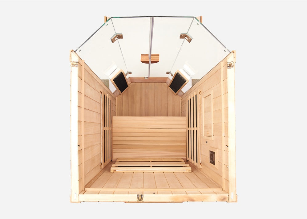 Top-down view of the Sanctuary 1 Person Full Spectrum Infrared Sauna, showcasing seating, infrared heaters, and interior