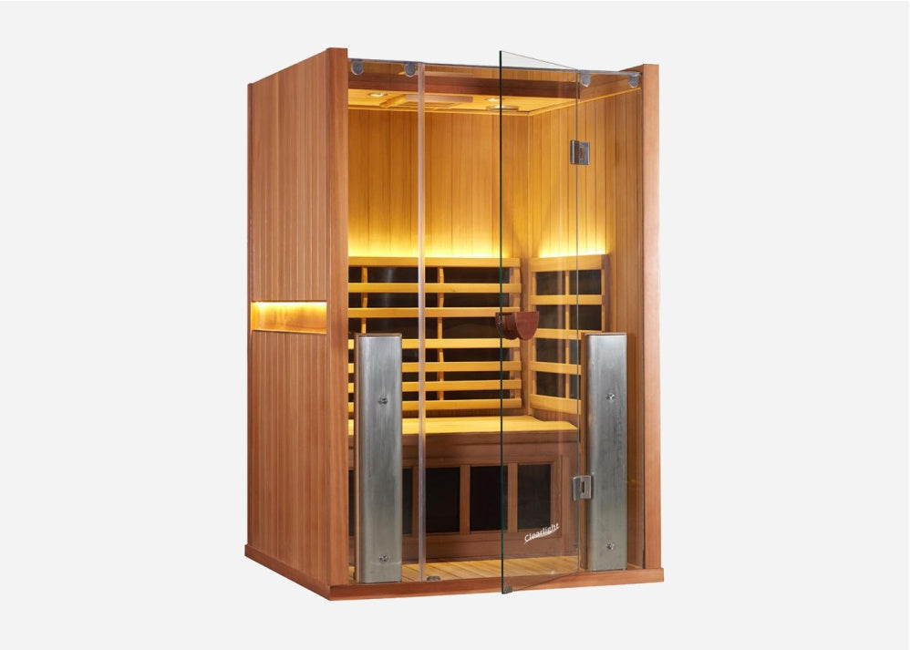 Closer front view of the Clearlight Sanctuary 2 Person Full Spectrum Infrared Sauna with open door