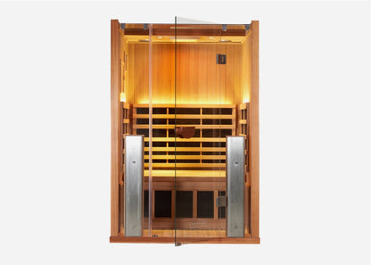 Closer front view of the Clearlight Sanctuary 2 Person Full Spectrum Infrared Sauna with open door (2)