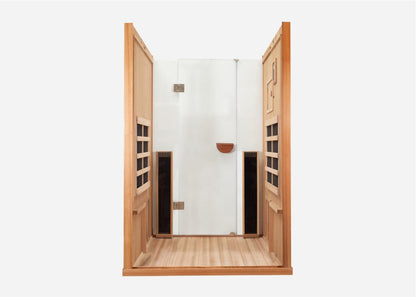 Interior of the Clearlight Sanctuary 2 Person Full Spectrum Infrared Sauna with a glass door and side panels