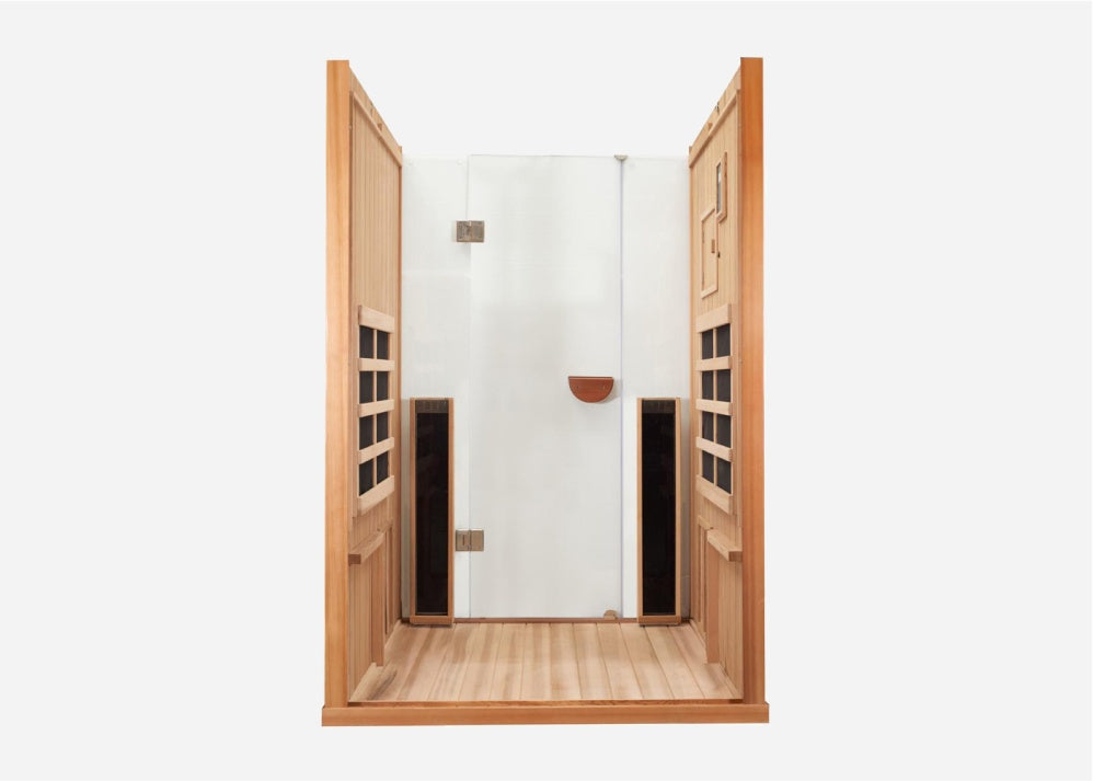 Interior of the Clearlight Sanctuary 2 Person Full Spectrum Infrared Sauna with a glass door and side panels