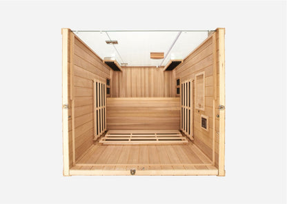 Top-down view of the Clearlight Sanctuary 2 Person Full Spectrum Infrared Sauna, showcasing seating, infrared heaters, and interior