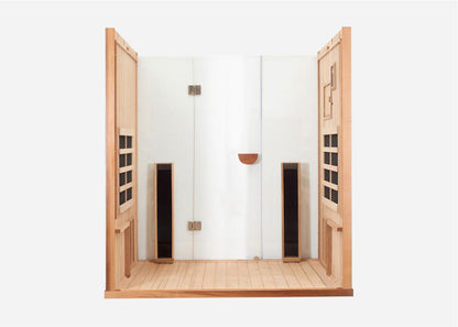 Interior of the Clearlight Sanctuary 3-Person Full Spectrum Infrared Sauna with a glass door and side panels