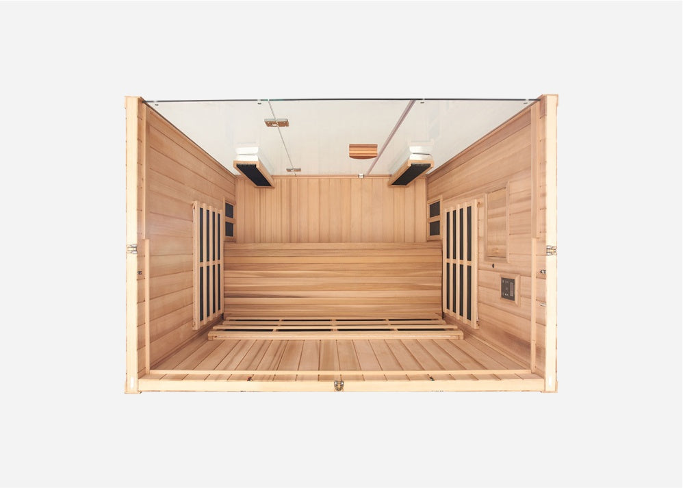 Top-down view of the Clearlight Sanctuary 3-Person Full Spectrum Infrared Sauna, showcasing seating, infrared heaters, and interior