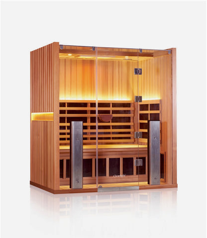 Side-angle front view of the Clearlight Sanctuary 3-Person Full Spectrum Infrared Sauna