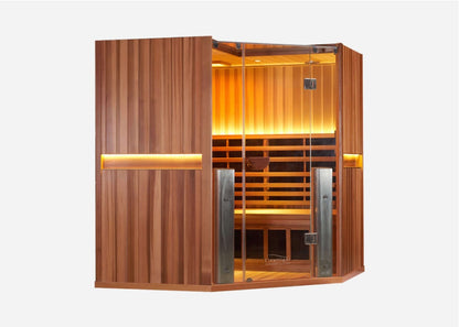 Side-angle front view of the Clearlight Sanctuary Corner 4-Person Full Spectrum Infrared Sauna 