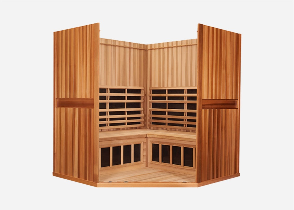 Interior of the Clearlight Sanctuary Corner 4-Person Full Spectrum Infrared Sauna with ergonomic seating and infrared heaters