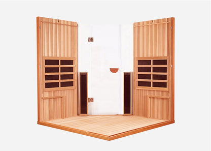 Interior of the Clearlight Sanctuary Corner 4-Person Full Spectrum Infrared Sauna with a glass door and side panels