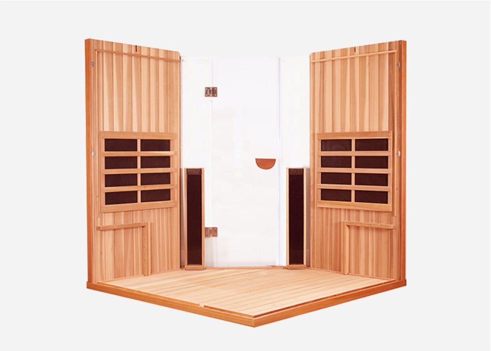Interior of the Clearlight Sanctuary Corner 4-Person Full Spectrum Infrared Sauna with a glass door and side panels