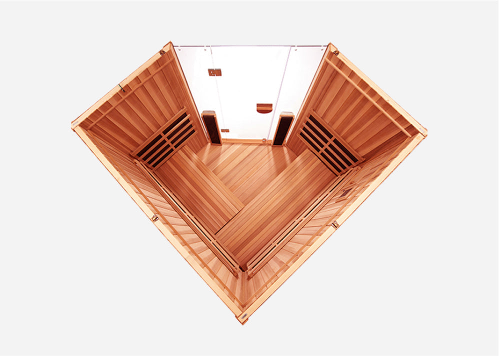 Top-down view of the Clearlight Sanctuary Corner 4-Person Full Spectrum Infrared Sauna, showcasing seating, infrared heaters, and interior