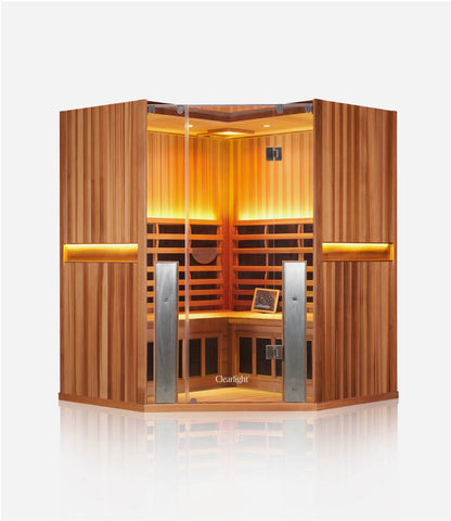 Front view of the Clearlight Sanctuary Corner 4-Person Full Spectrum Infrared Sauna 