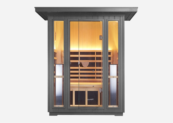 Front view of the Clearlight Sanctuary Outdoor 2-Person Full Spectrum Infrared Sauna with open glass door