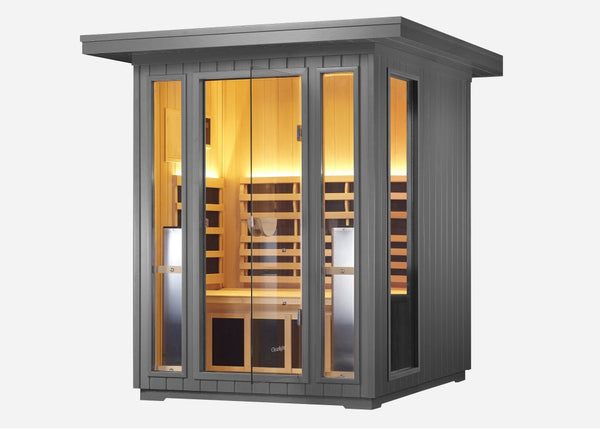 Side-angle front view of the Clearlight Sanctuary Outdoor 2-Person Full Spectrum Infrared Sauna with open glass door