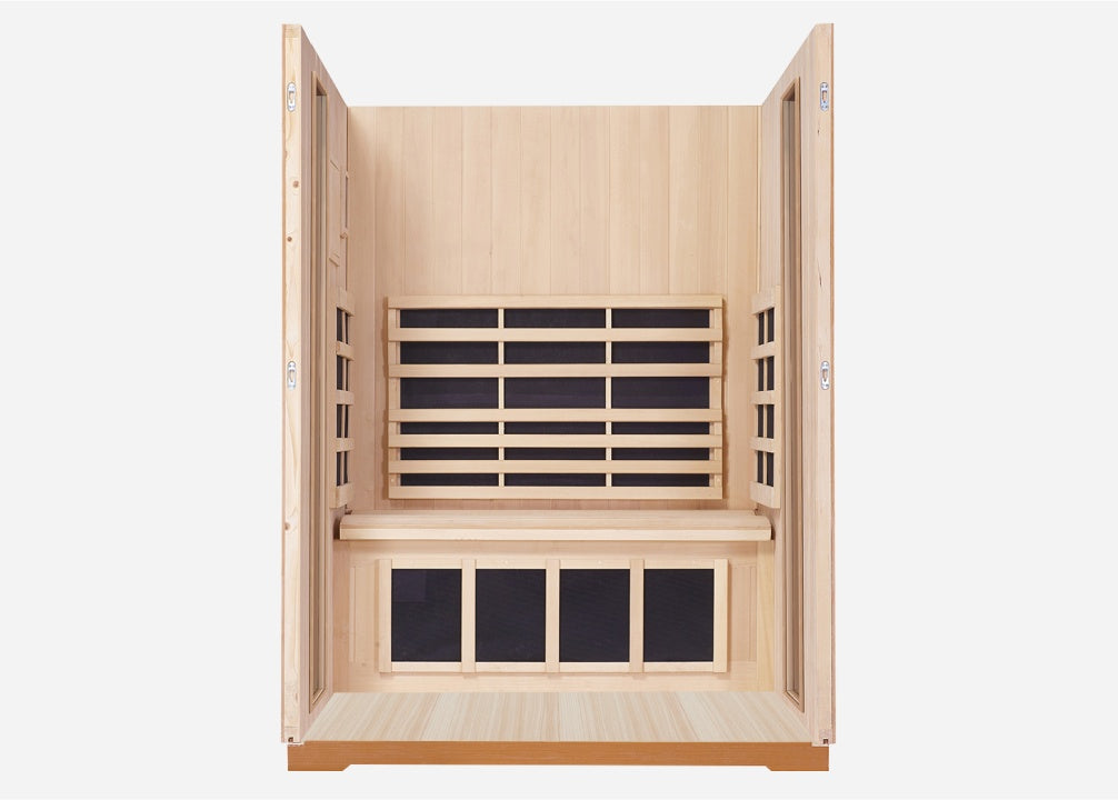 Interior of the Clearlight Sanctuary Outdoor 2-Person Full Spectrum Infrared Sauna with ergonomic seating and infrared heaters