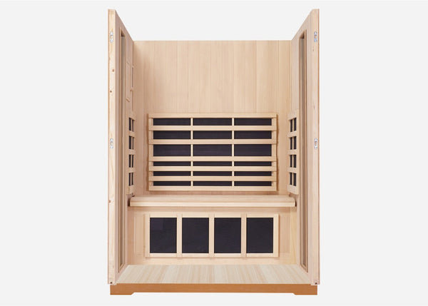 Interior of the Clearlight Sanctuary Outdoor 2-Person Full Spectrum Infrared Sauna with ergonomic seating and infrared heaters