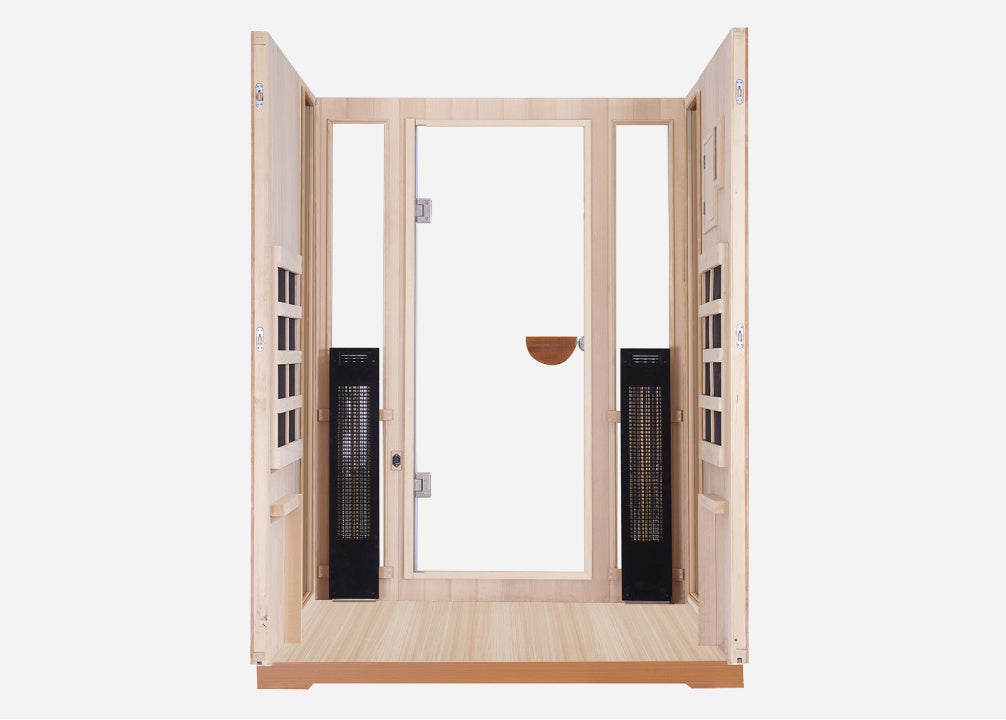 Interior of the Clearlight Sanctuary Outdoor 2-Person Full Spectrum Infrared Sauna with a glass door and side panels