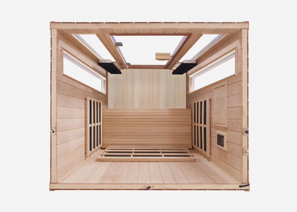 Top-down view of the Clearlight Sanctuary Outdoor 2-Person Full Spectrum Infrared Sauna, showcasing seating, infrared heaters, and interior