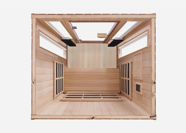 Top-down view of the Clearlight Sanctuary Outdoor 2-Person Full Spectrum Infrared Sauna, showcasing seating, infrared heaters, and interior