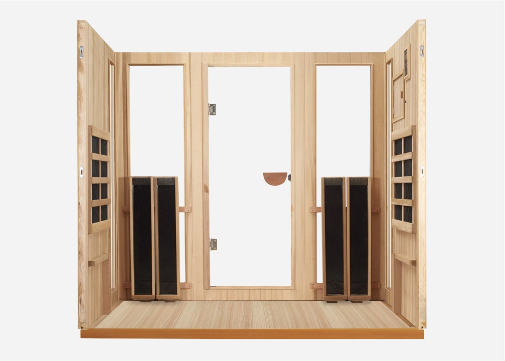 Interior of the Clearlight Sanctuary Outdoor 5-Person Full Spectrum Infrared Sauna with a glass door and side panels