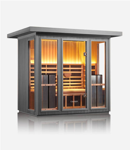 Side-angle front view of the Clearlight Sanctuary Outdoor 5-Person Full Spectrum Infrared Sauna