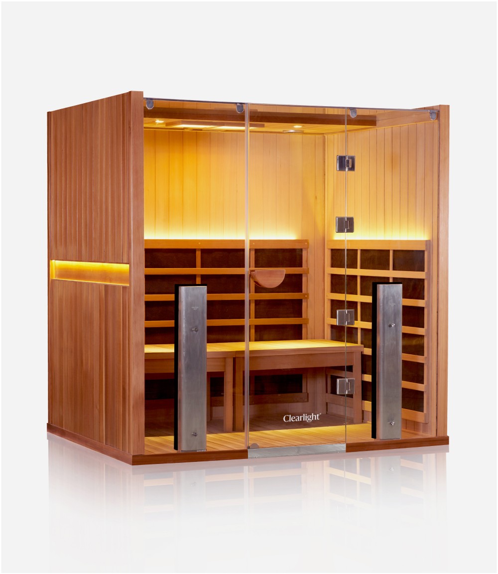 Side-angle front view of the Clearlight Sanctuary Yoga 4-Person Full Spectrum Infrared Sauna