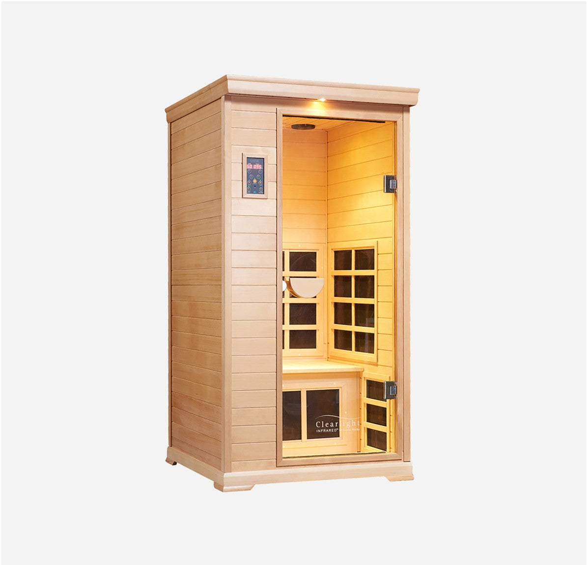 Side-angle front view of the Clearlight Essential 1-Person Far Infrared Sauna