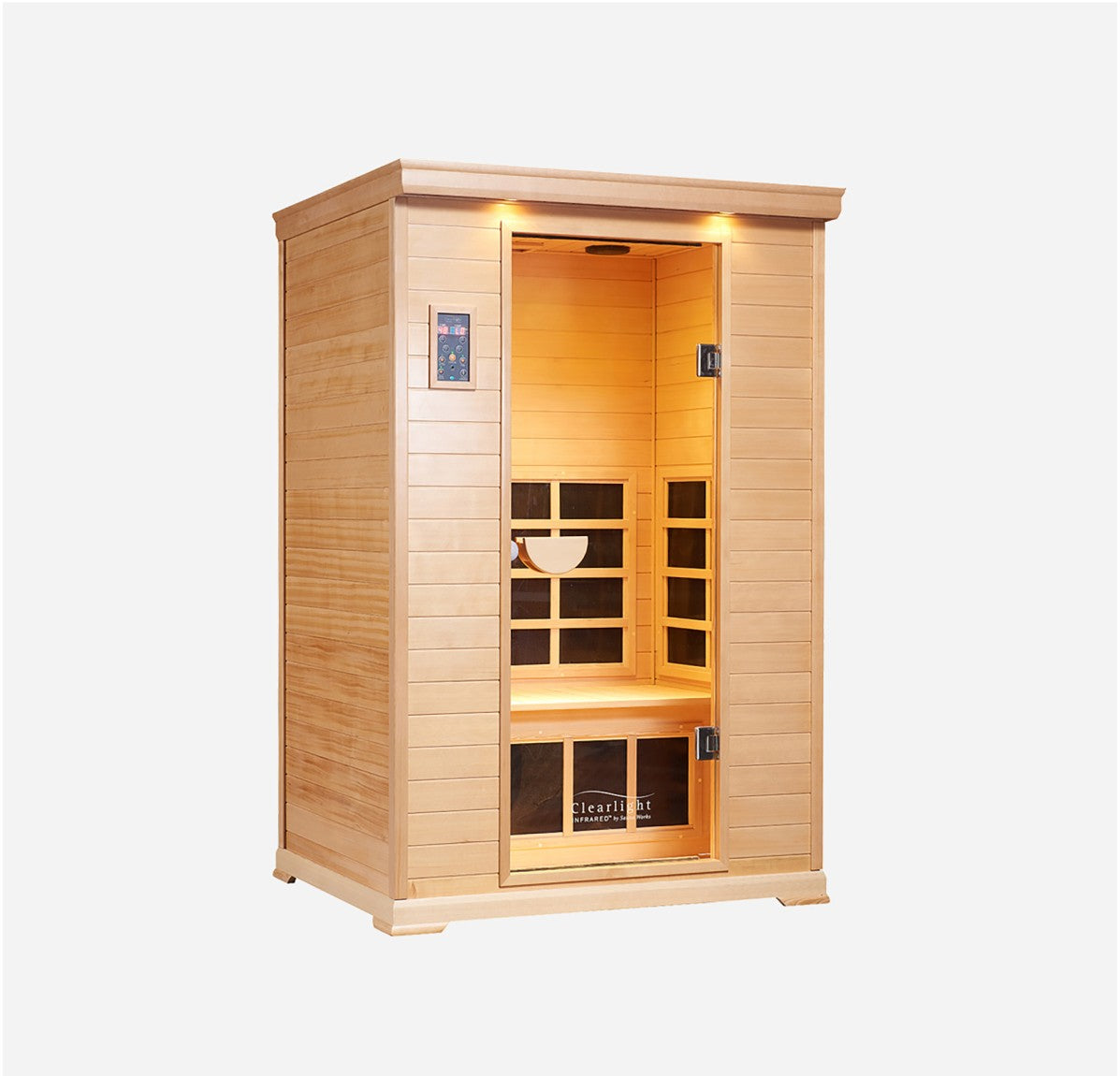 Side-angle front view of the Clearlight Essential 2-Person Far Infrared Sauna