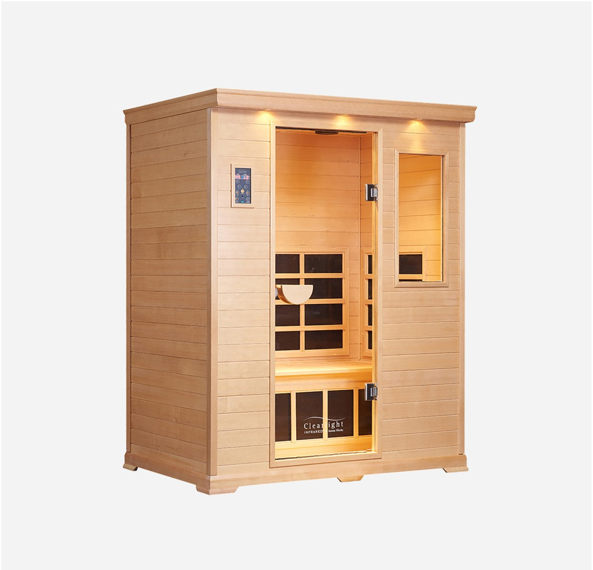 Side-angle front view of the Clearlight Essential 3-Person Far Infrared Sauna
